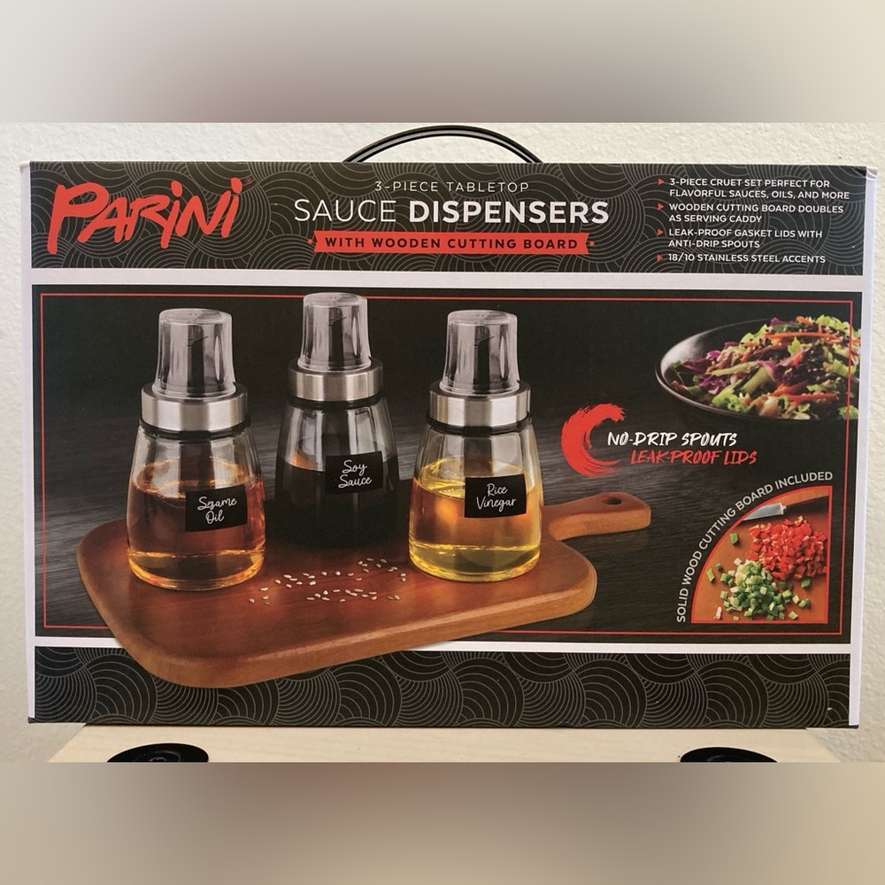 Parini 3-Piece Sauce Dispenser Set Wooden Cutting Board NIB
